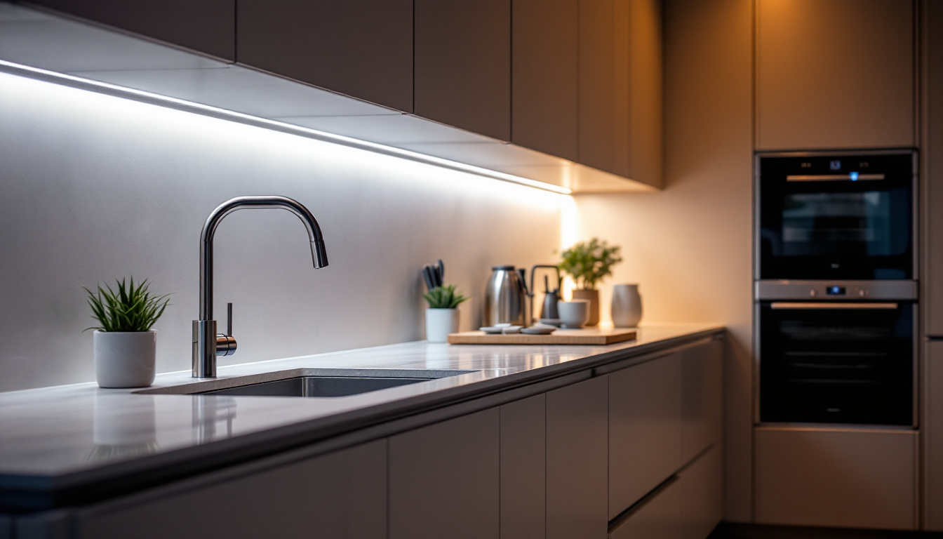 A photograph of a beautifully designed kitchen or workspace featuring under counter led lighting