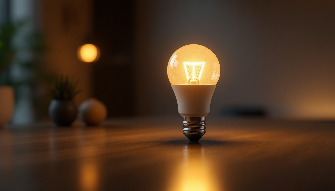 A photograph of a modern a19 led bulb illuminated in a stylish
