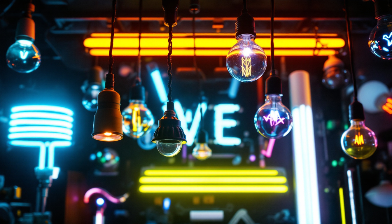 A photograph of a vibrant display of various types of fluorescent lights in a well-lit environment