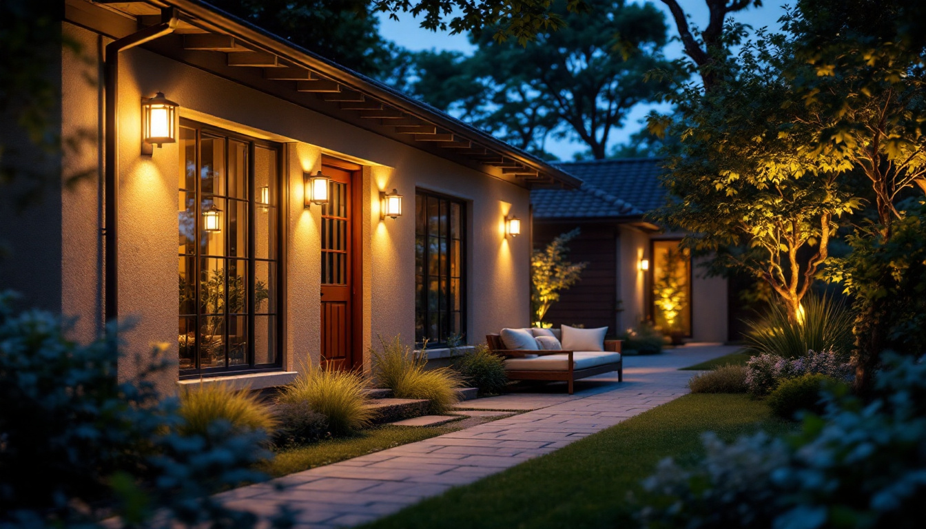 A photograph of a well-lit outdoor scene featuring various types of outdoor lighting fixtures