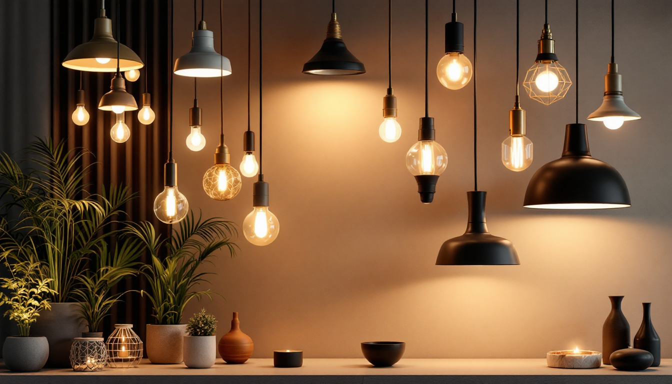 A photograph of a beautifully arranged display of various pendant lights in a stylish interior setting