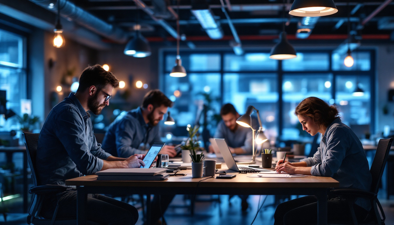 A photograph of a modern electrical engineering workspace featuring innovative lamp designs and engineers collaborating on cutting-edge projects