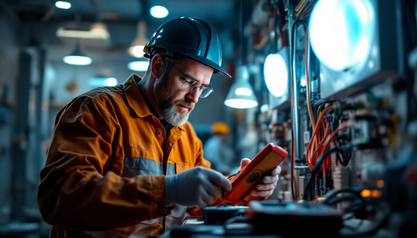 A photograph of a technician inspecting and troubleshooting an electrical lighting system