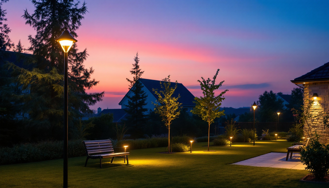 A photograph of a well-lit outdoor space featuring various types of exterior led lighting fixtures