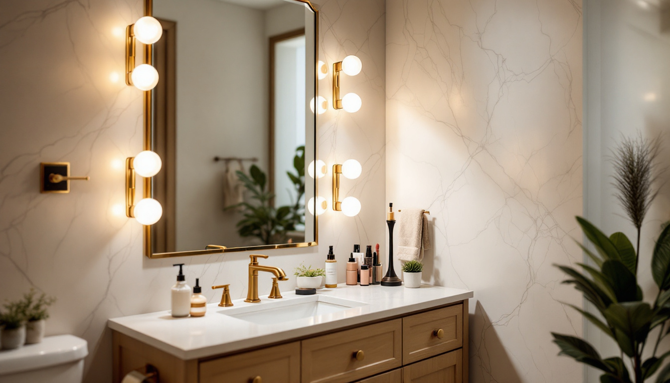 A photograph of a beautifully designed bathroom vanity area featuring soft