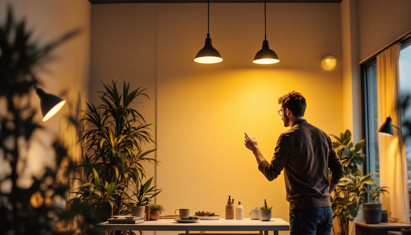 A photograph of a well-lit indoor space showcasing various lighting fixtures
