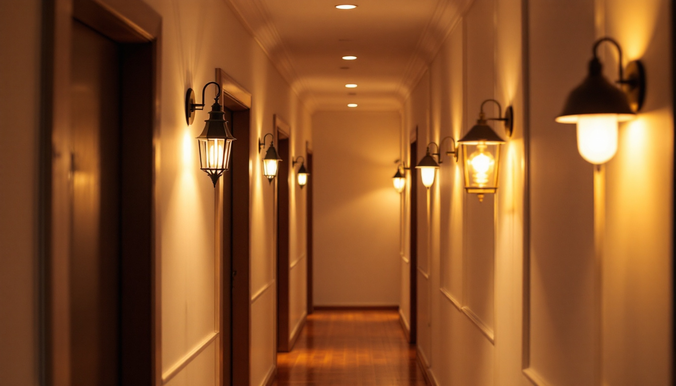 A photograph of a well-lit hallway showcasing a variety of stylish and functional lighting fixtures