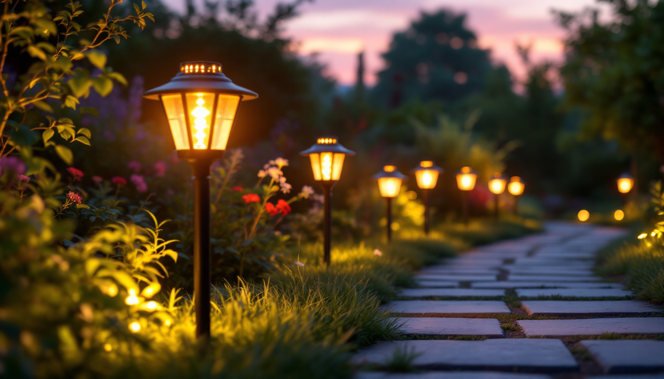 A photograph of a beautifully illuminated outdoor space featuring solar-powered lights in various designs