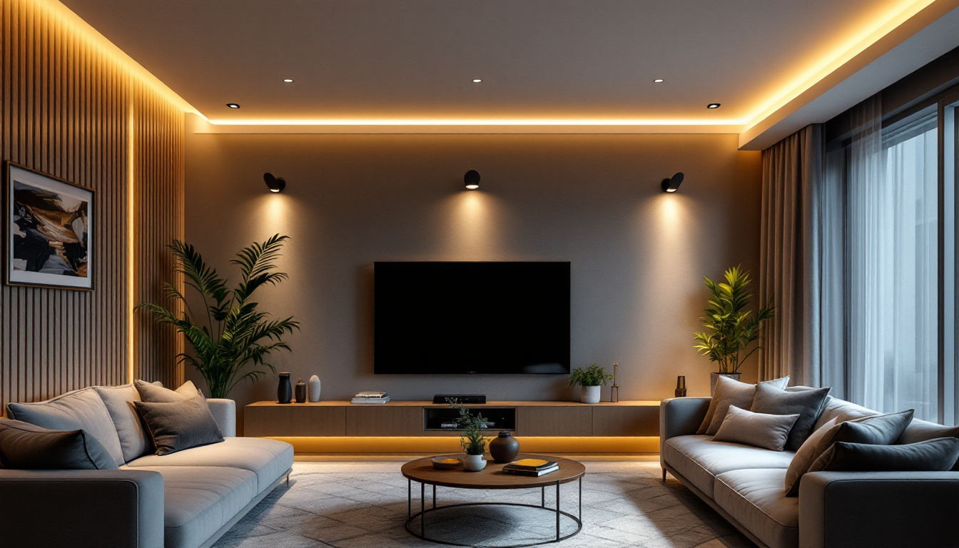 A photograph of capture a photograph of a modern living space featuring 4-inch recessed can lights installed in the ceiling