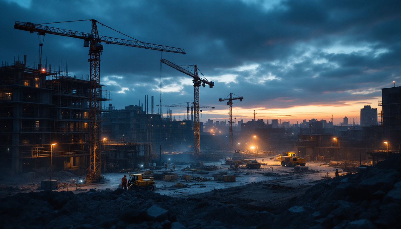 A photograph of a construction site at dusk