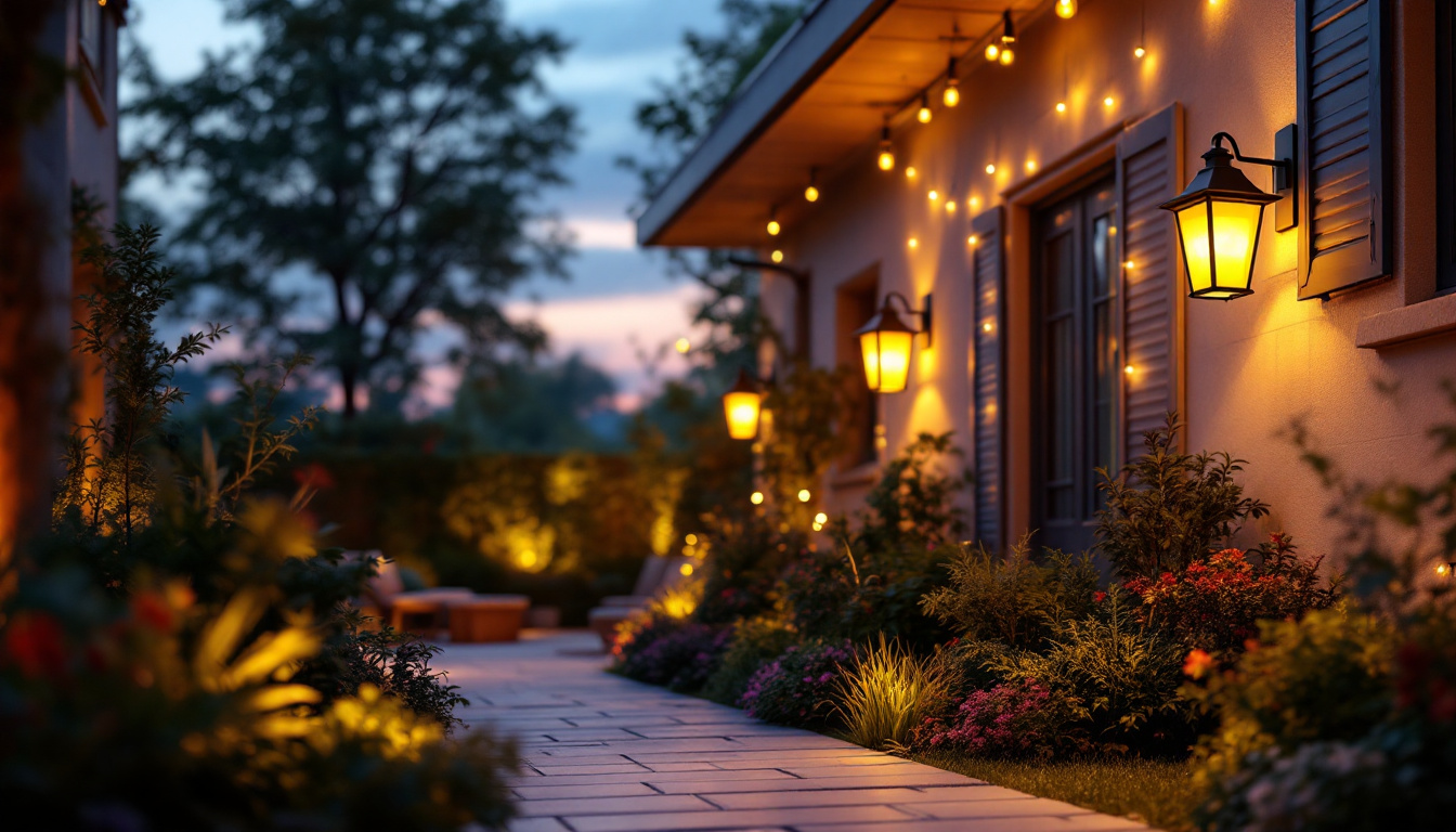 A photograph of a beautifully illuminated outdoor space featuring black light fixtures strategically placed to enhance the ambiance