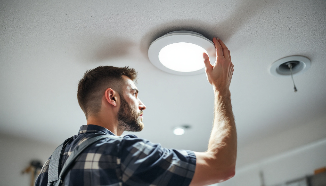 A photograph of a skilled electrician or diy enthusiast in the process of converting a canned light to a recessed light