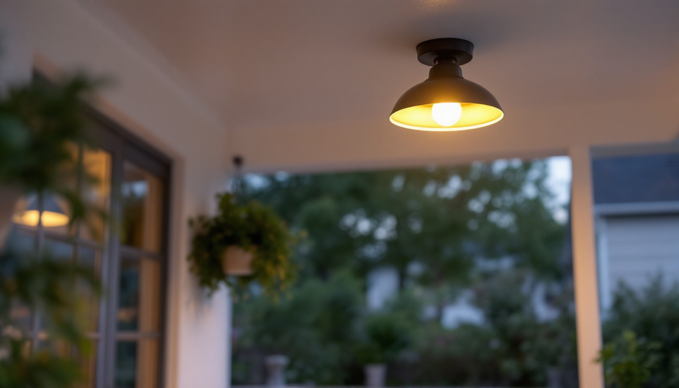 A photograph of a stylish ceiling porch light installed in an inviting outdoor setting