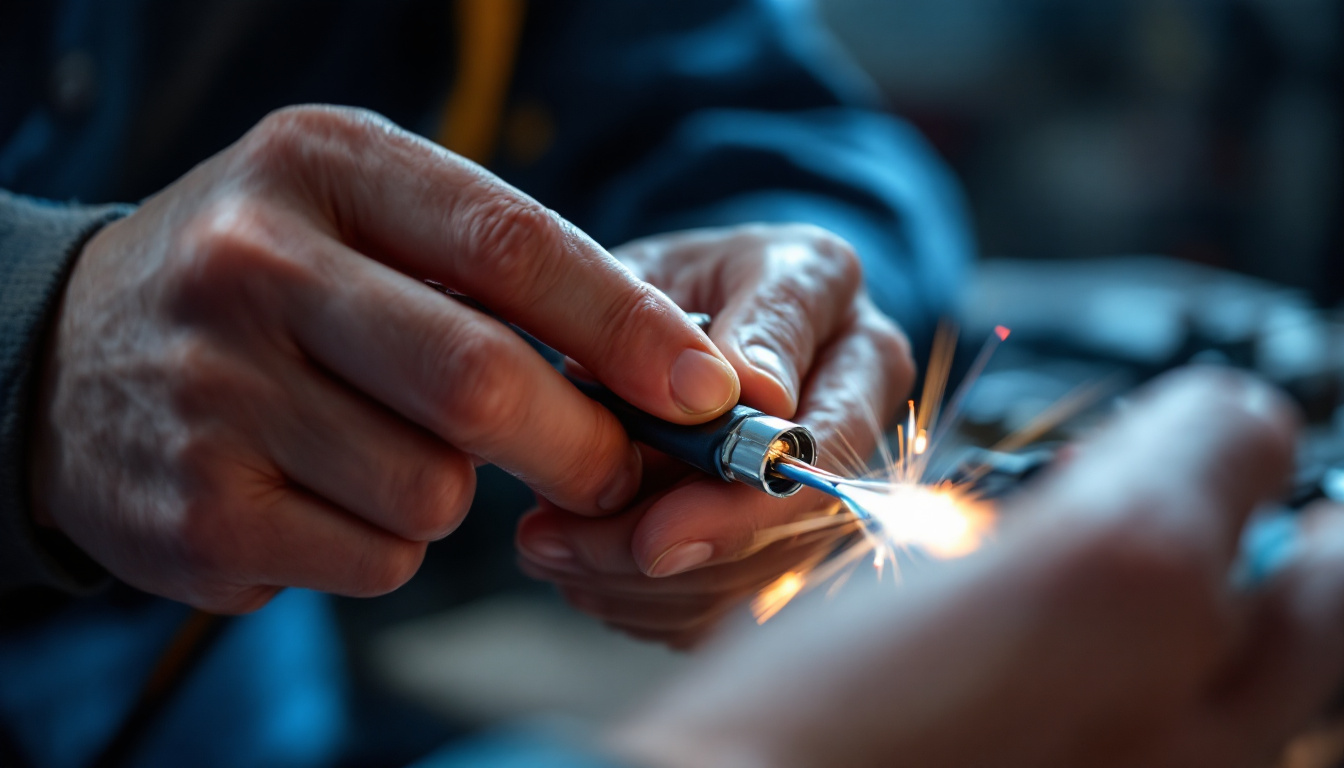 A photograph of a skilled electrician or technician expertly splicing wires with a focus on a high-quality wire splicing connector