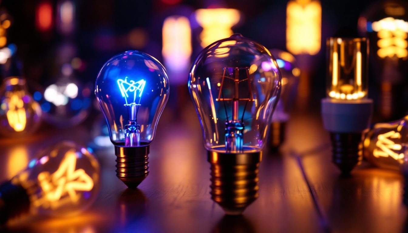 A photograph of a close-up shot of various type b bulbs illuminated in different colors and settings