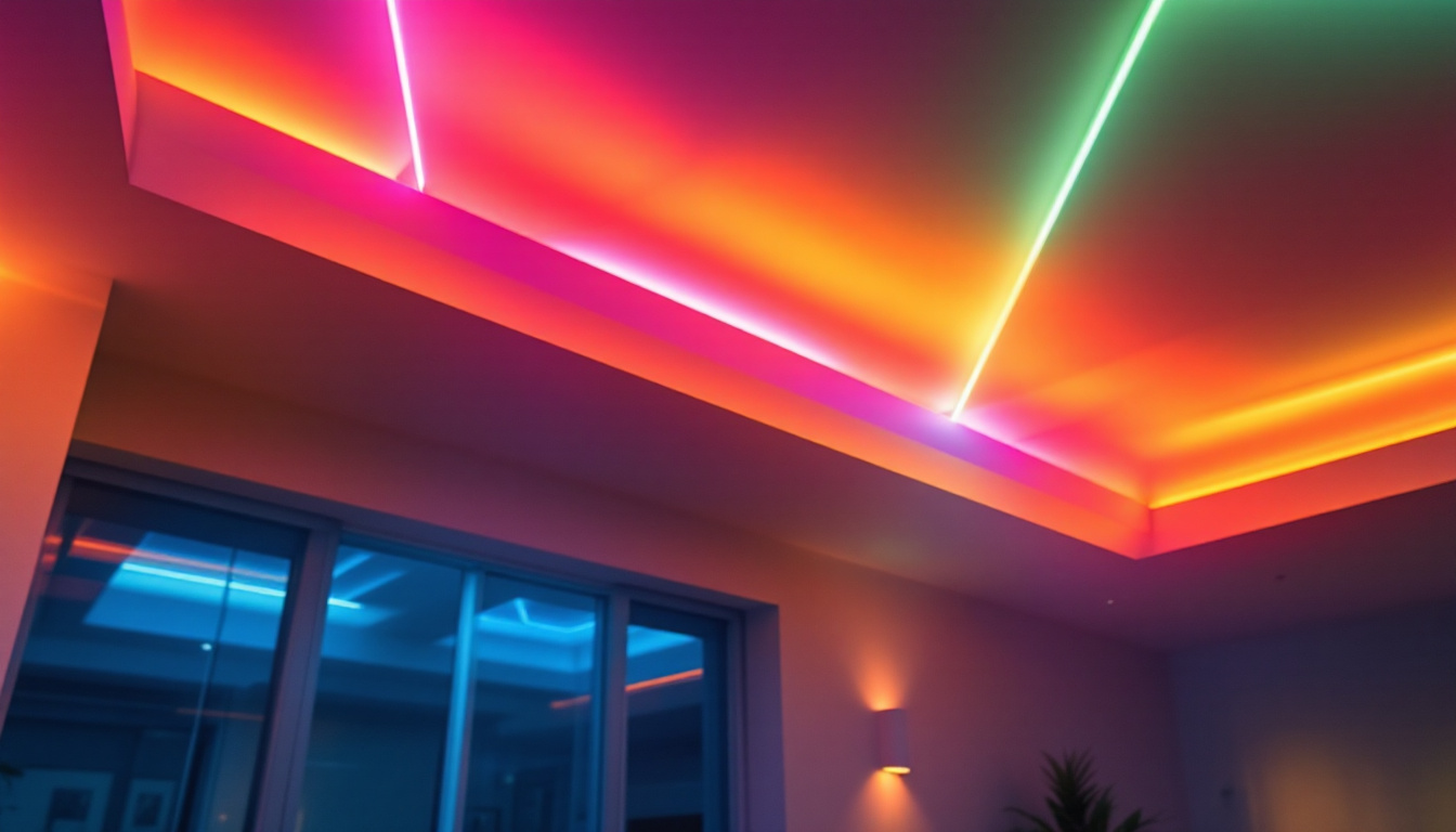 A photograph of a beautifully illuminated ceiling adorned with vibrant led light strips