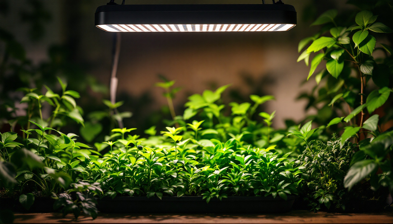 A photograph of a vibrant indoor garden illuminated by a plant-led grow light
