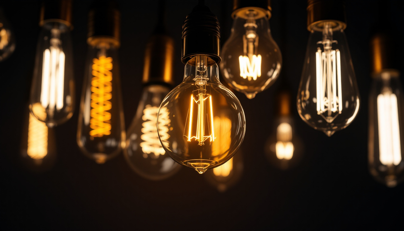 A photograph of a close-up shot of various tubular lamp bulbs illuminated in a dimly lit environment