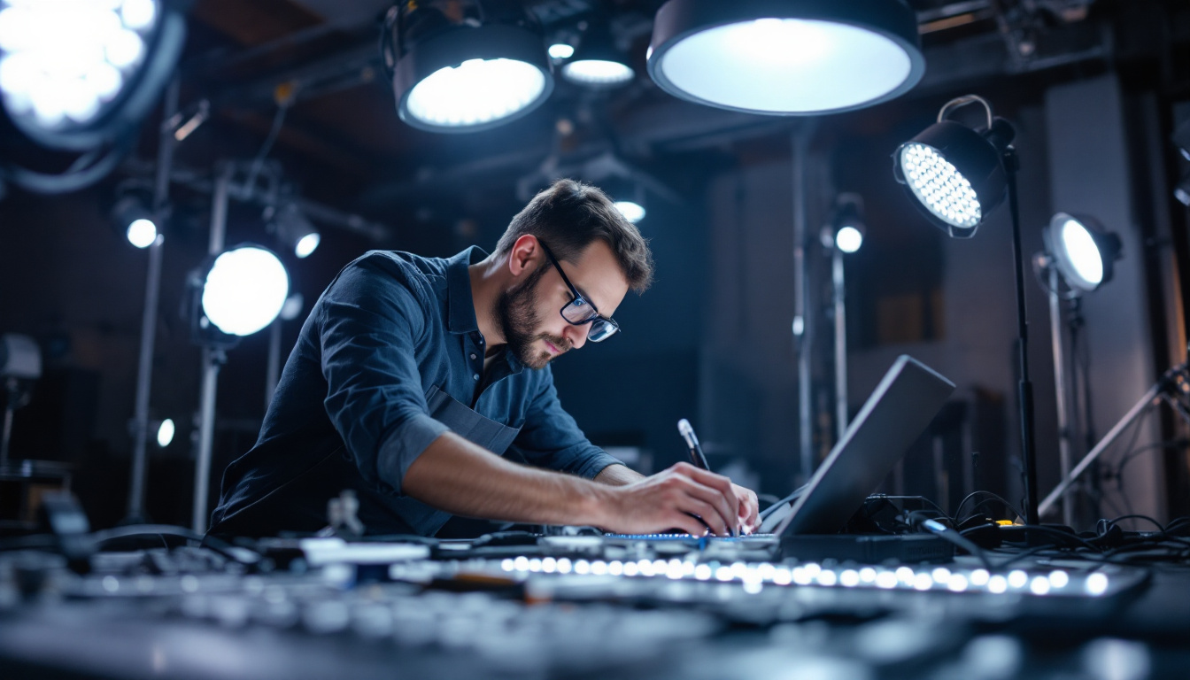 A photograph of a lighting designer or technician working on a complex installation