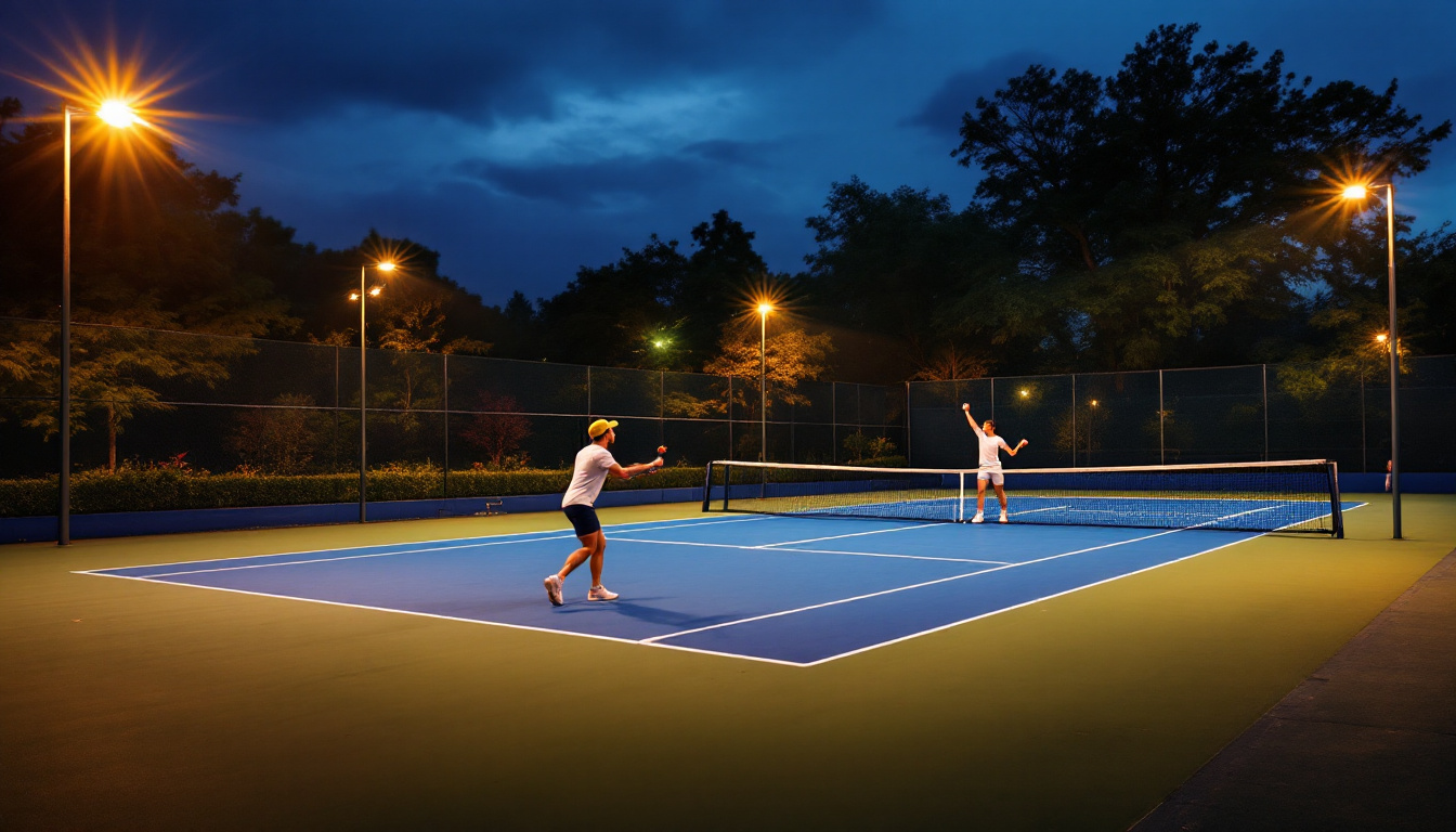 A photograph of a well-lit outdoor tennis court at dusk