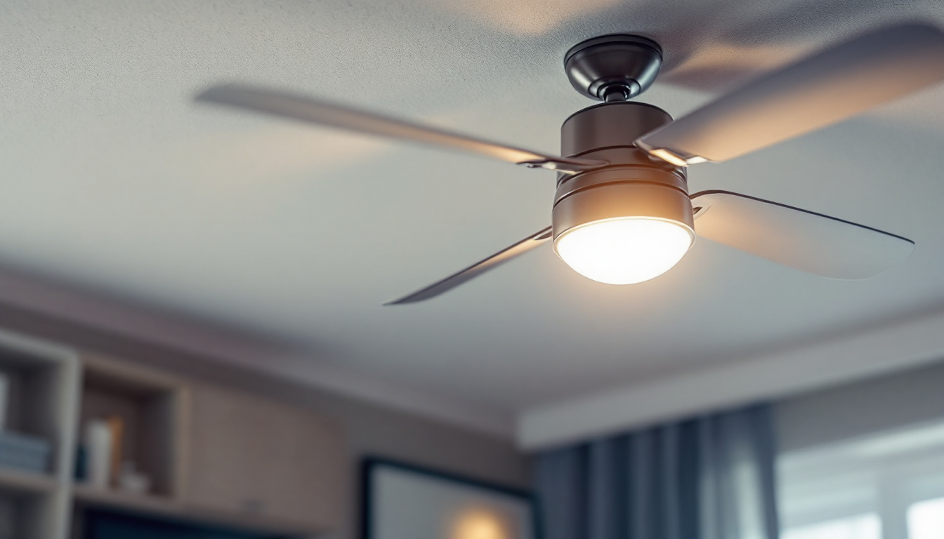 A photograph of a stylish ceiling fan highlighting its key components