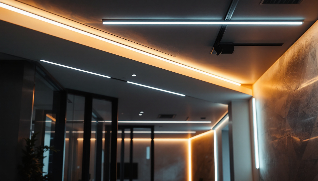 A photograph of a modern interior space featuring elegant ceiling linear lights