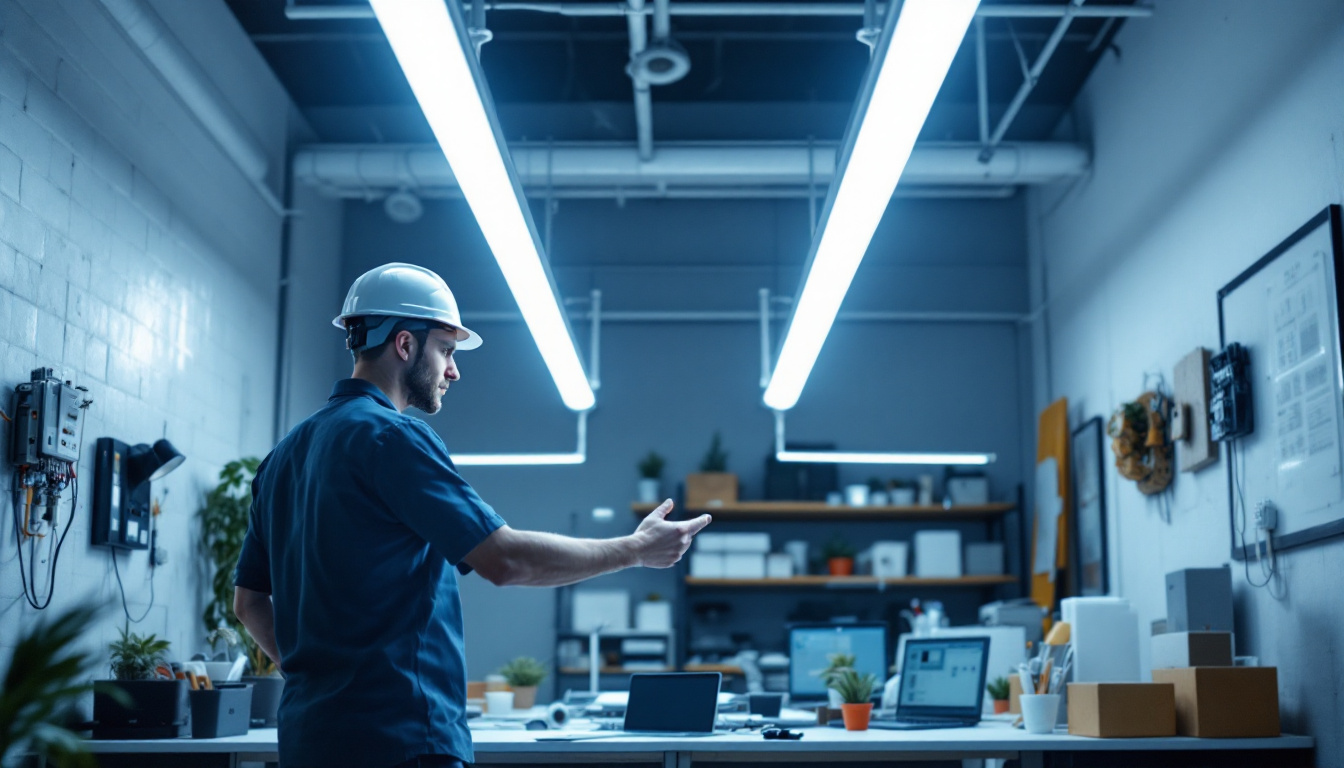 A photograph of a side-by-side comparison of led tubes and traditional fluorescent tubes installed in a well-lit workspace