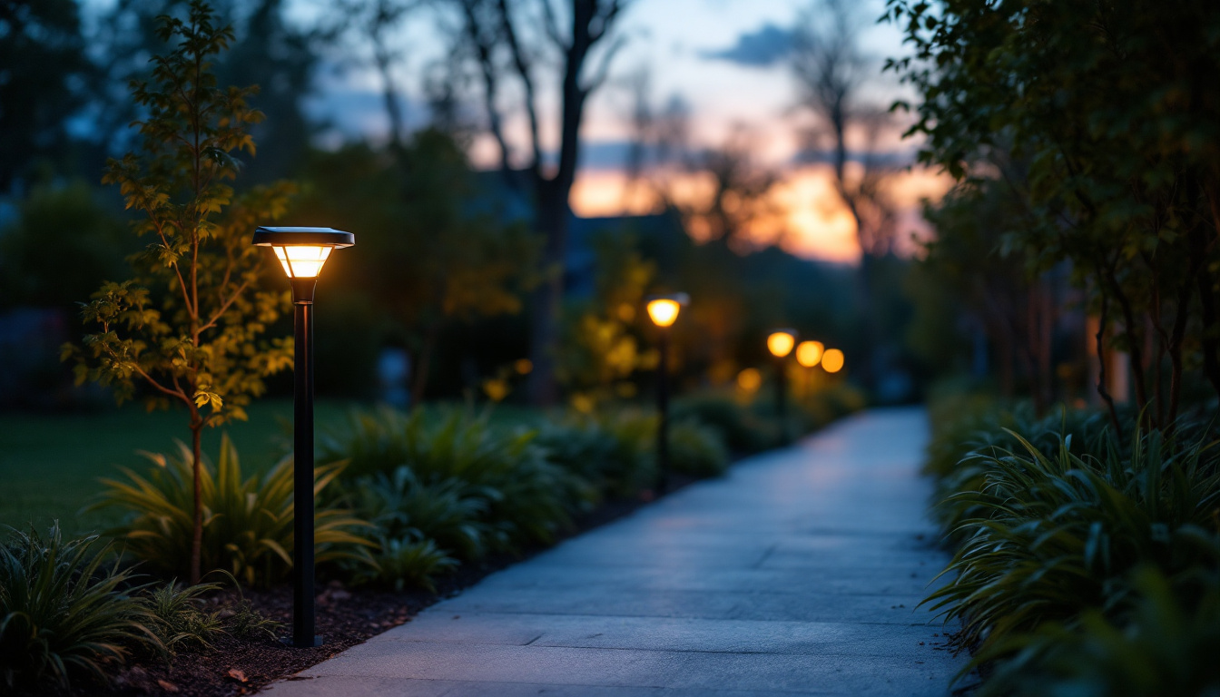 A photograph of a solar-powered motion-sensored light installed in an outdoor setting during twilight