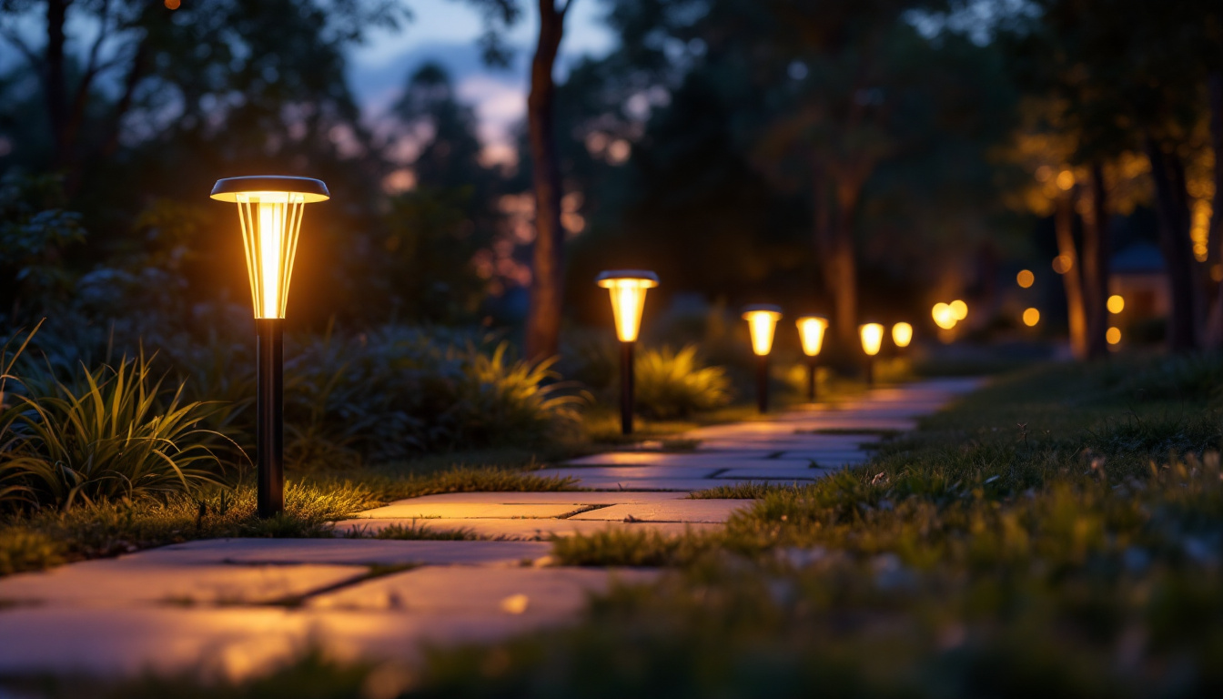 A photograph of a beautifully illuminated outdoor pathway featuring stylish solar aluminum lights