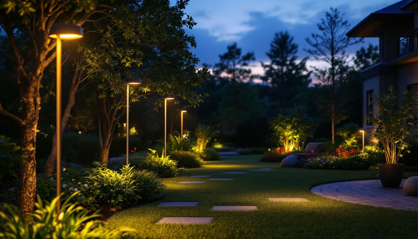 A photograph of a beautifully landscaped outdoor space illuminated by exterior solar spot lights at dusk