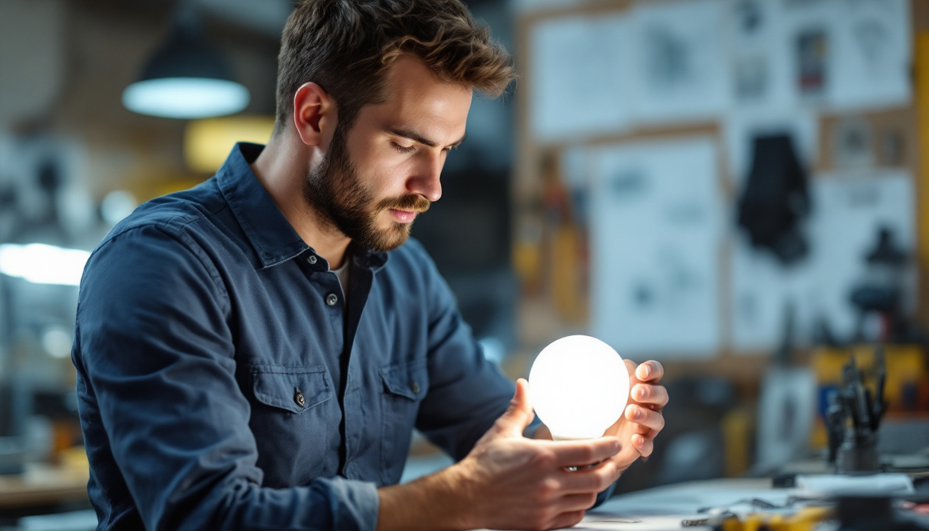 A photograph of a professional electrical engineer examining a modern led lamp in a well-lit workshop