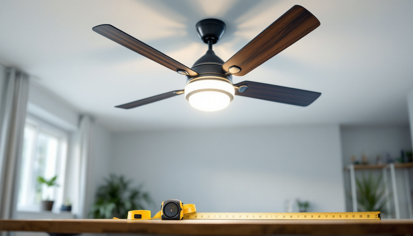 A photograph of a stylish ceiling fan in a well-lit room