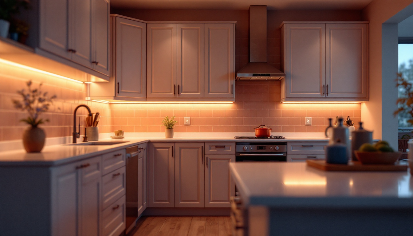 A photograph of a beautifully illuminated kitchen with led lights installed under the cabinets