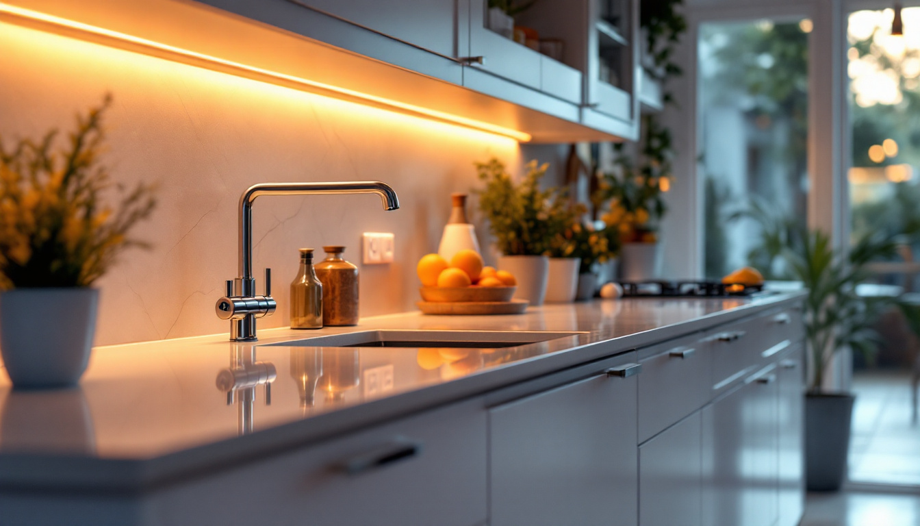 A photograph of a beautifully illuminated kitchen countertop showcasing under counter lighting