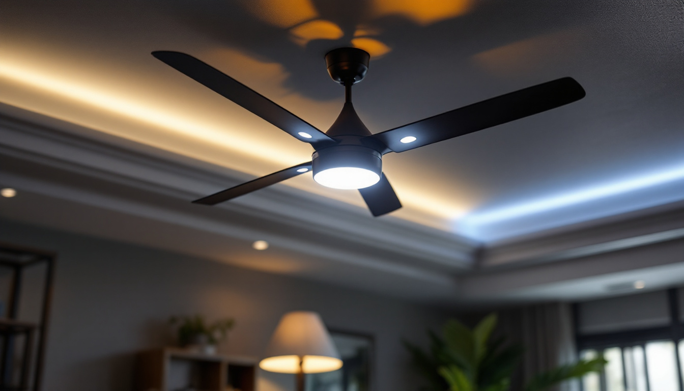 A photograph of a modern ceiling fan with integrated lighting