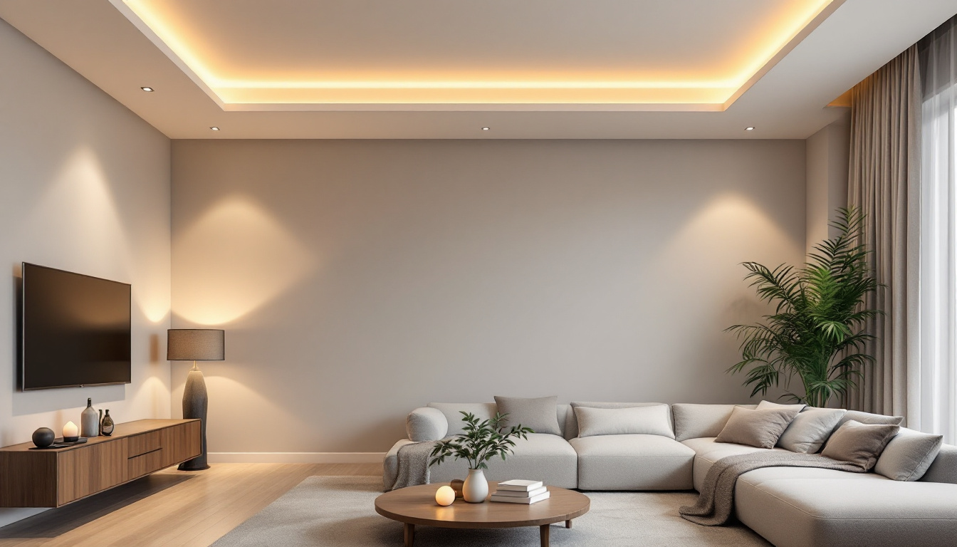 A photograph of a modern living space featuring elegant recessed led lighting fixtures that highlight the room's design