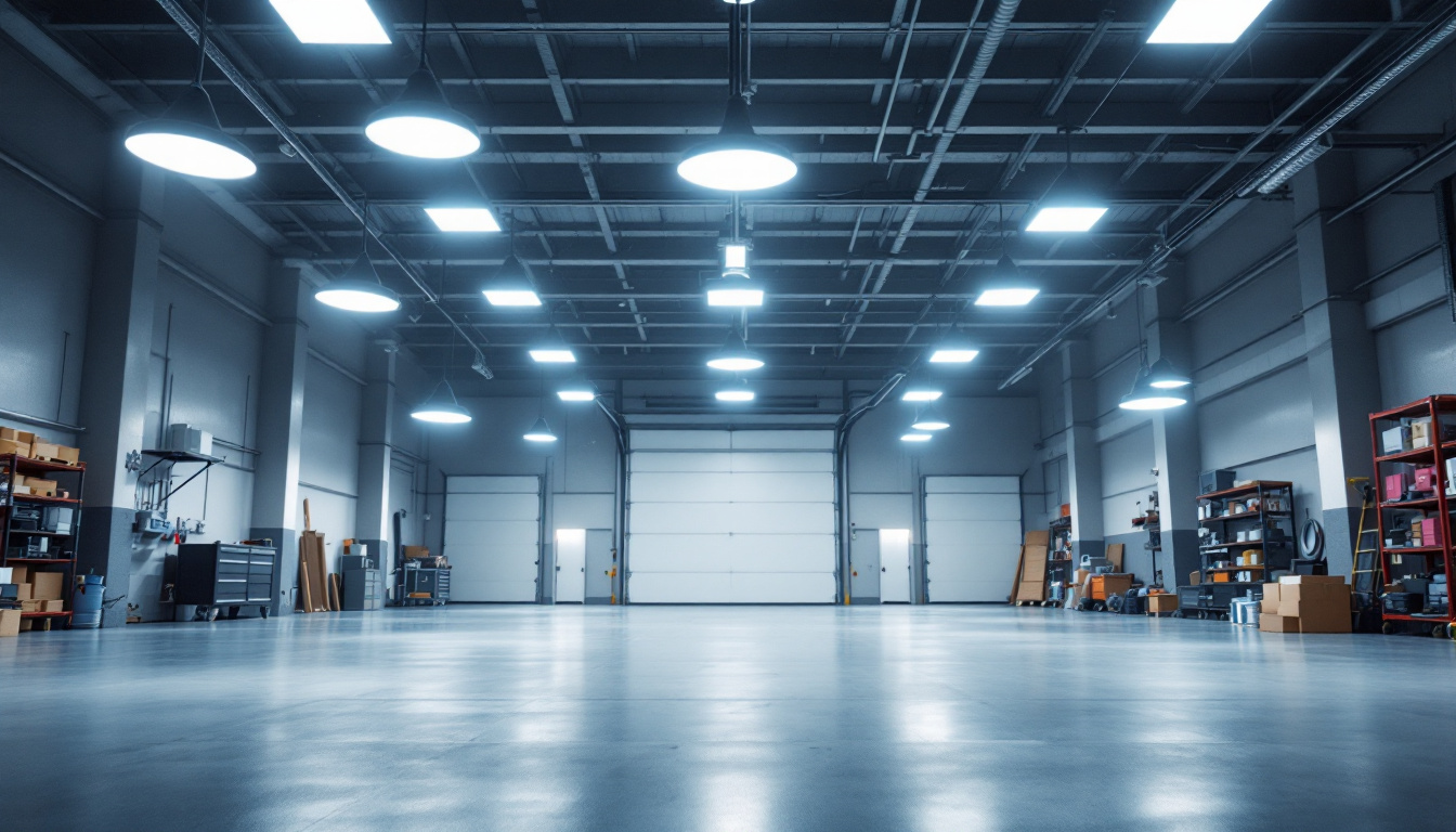 A photograph of a spacious garage featuring an array of modern ceiling lights
