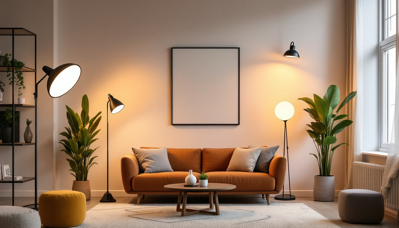 A photograph of a modern lighting setup showcasing various innovative 150-watt light fixtures in a stylish interior