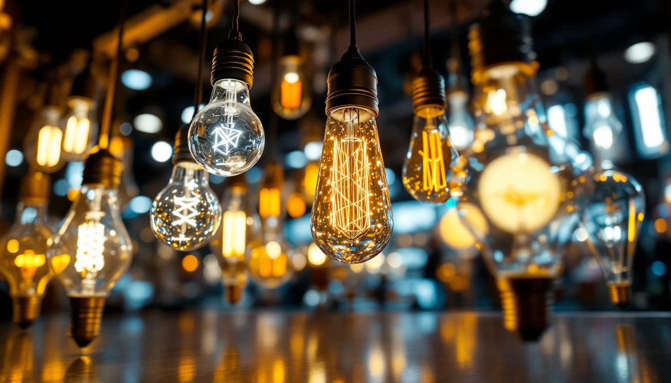 A photograph of a well-lit display showcasing various styles of light bulbs