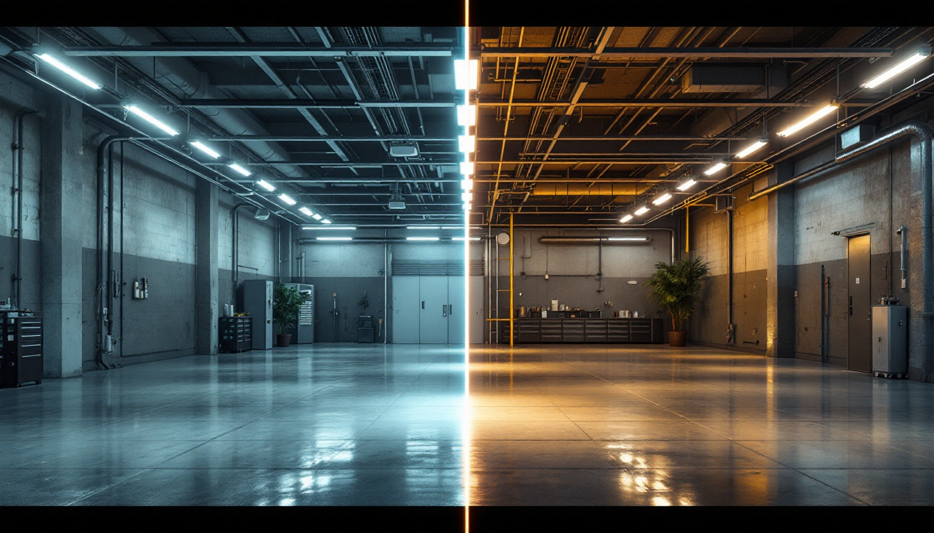 A photograph of a side-by-side comparison of industrial and commercial spaces illuminated by t12 fluorescent tubes