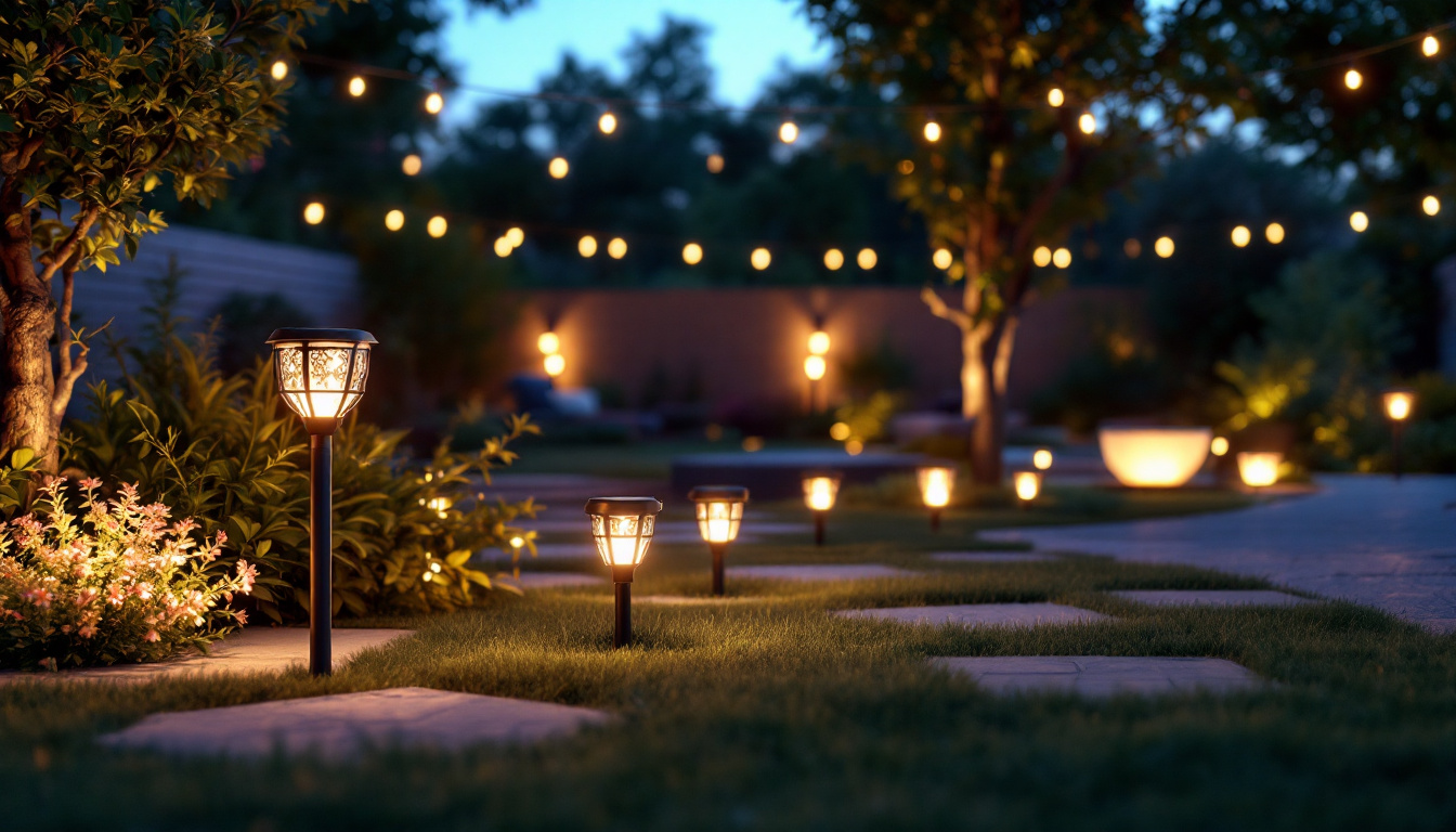 A photograph of a beautifully illuminated outdoor space featuring various styles of led solar lights