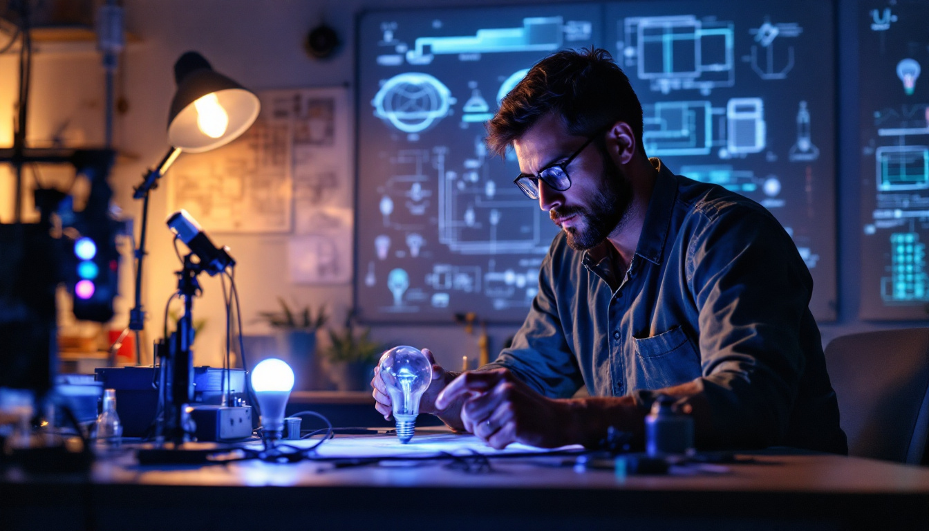 A photograph of a well-lit workspace featuring an electrical engineer examining various ultraviolet light sources