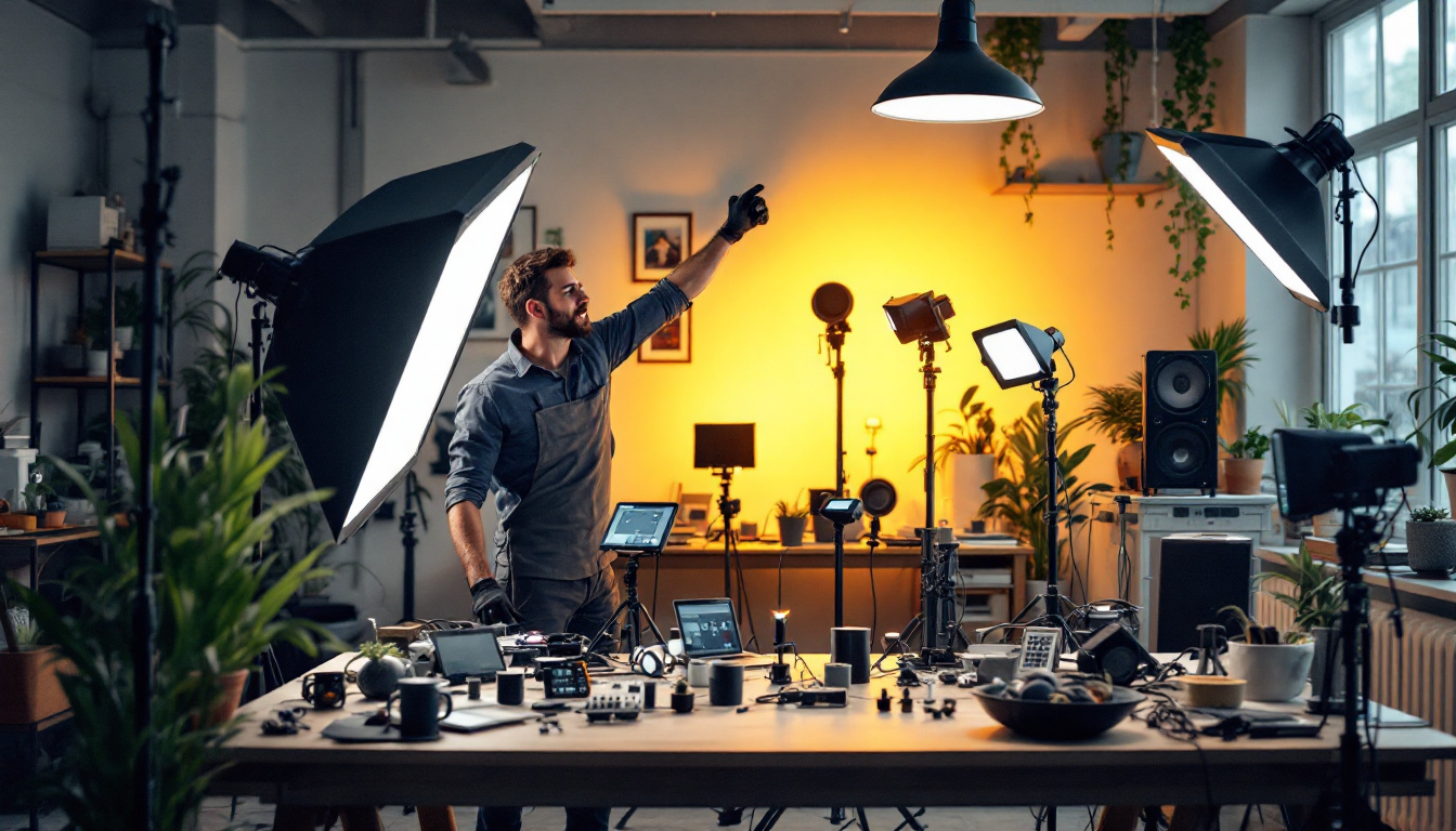 A photograph of a well-lit workspace showcasing a variety of led lighting kits in use