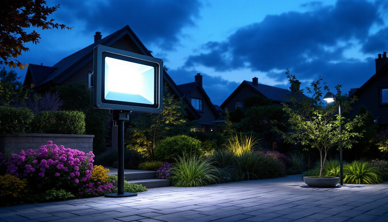 A photograph of a vibrant outdoor scene illuminated by a powerful flood led light