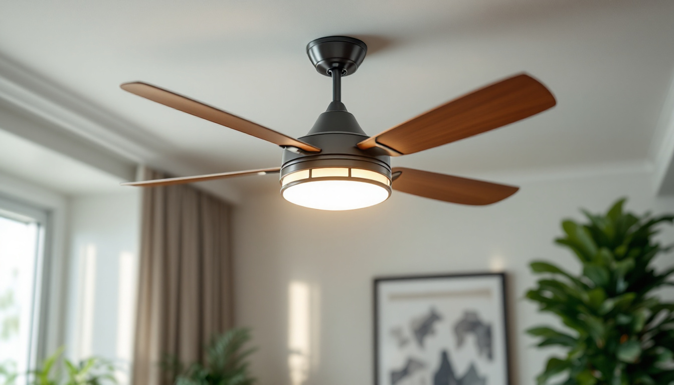 A photograph of a beautifully designed ceiling fan with an elegant light kit