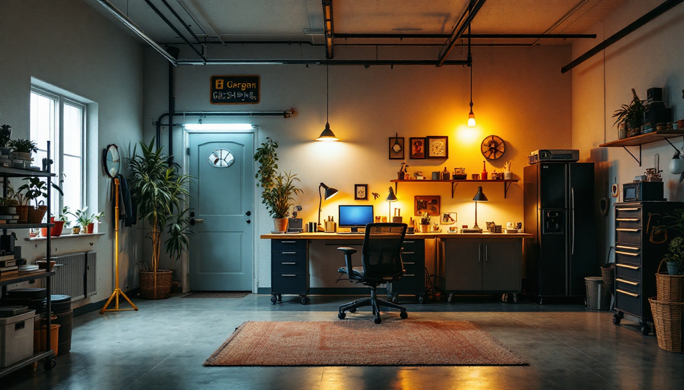 A photograph of a well-lit garage space showcasing various lighting options