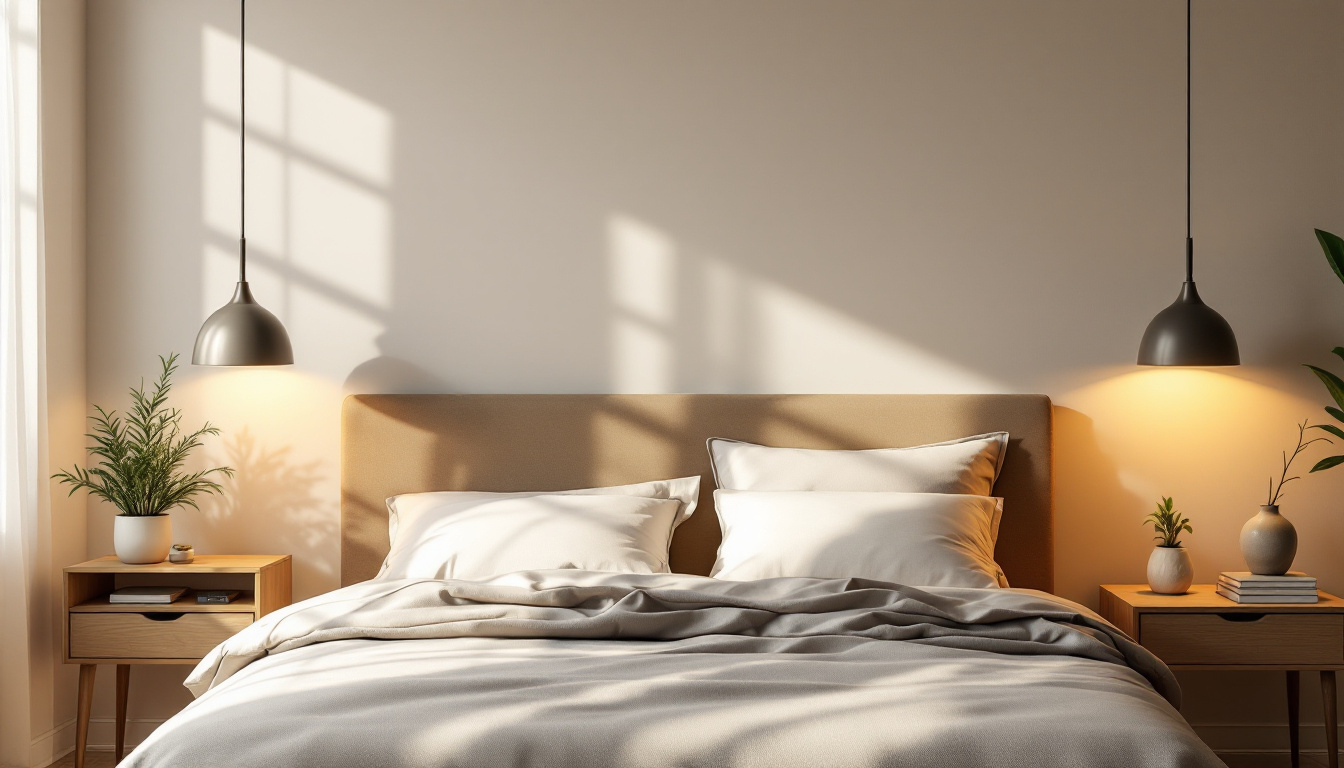 A photograph of a beautifully designed bedroom featuring stylish above-the-bed lighting that creates a warm