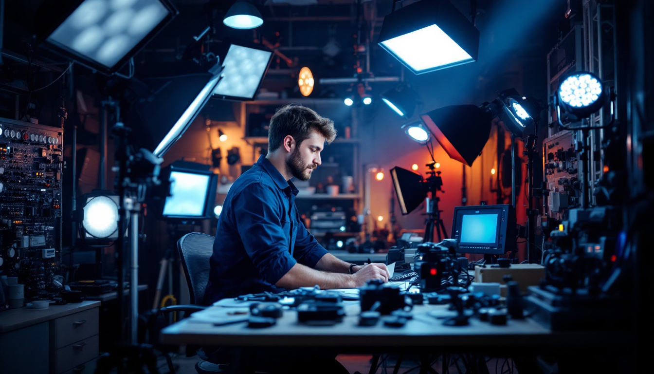 A photograph of a lighting engineer actively working on a project