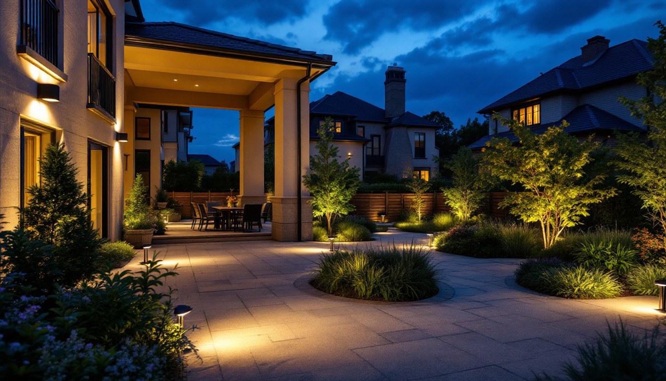 A photograph of a beautifully illuminated outdoor space featuring strategically placed floodlights