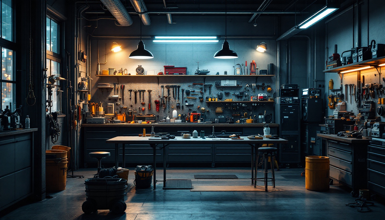 A photograph of a well-lit workshop environment
